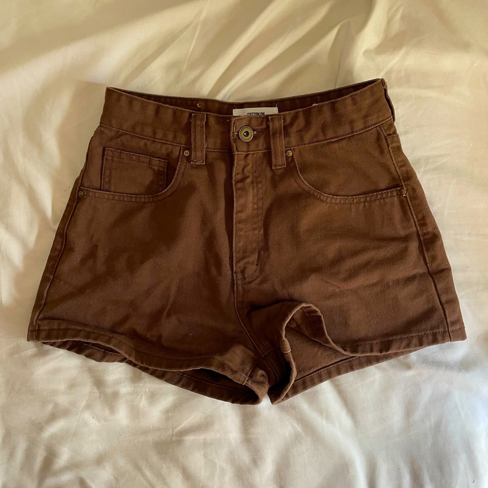 High Waisted Jean Shorts, Brown. Size 4.